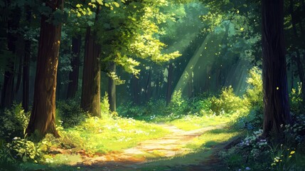 Obraz premium Path through a dense forest, leading to an open clearing with sunlit trees.