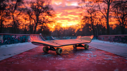 Skateboard on a vibrant sunset background at a skate park, showcasing urban sports and outdoor leisure activities.