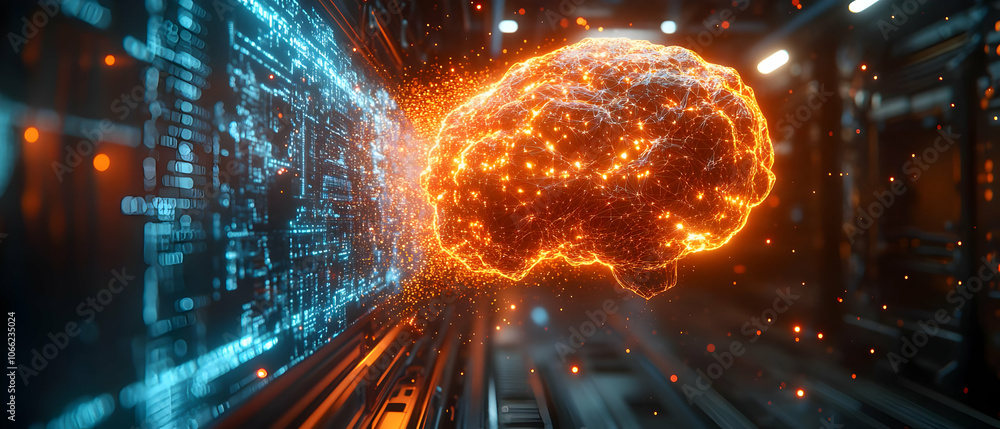 Poster a digital representation of a brain illuminated with orange sparks against a blue circuit background