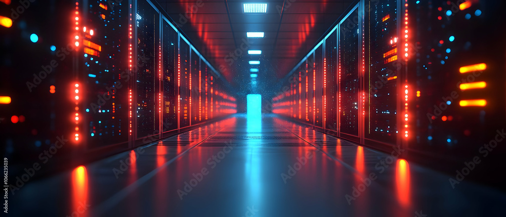 Poster futuristic data center with red and blue lights, showcasing advanced servers in a pathway leading to