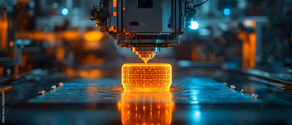 Poster advanced 3d printing process creating intricate designs in glowing orange material, showcasing innov