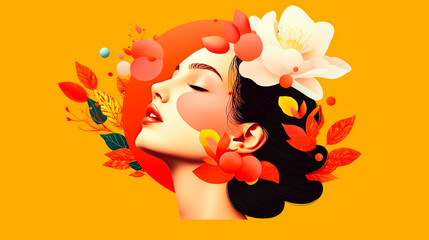 Floral Harmony: A woman's face emerges from a vibrant collage of blooming flowers, evoking a sense of beauty, serenity, and connection to nature.