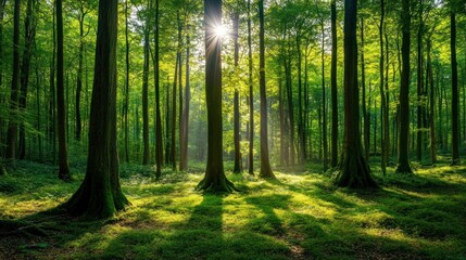 Obraz premium Peaceful forest landscape with dense trees and sunlight filtering through the canopy.