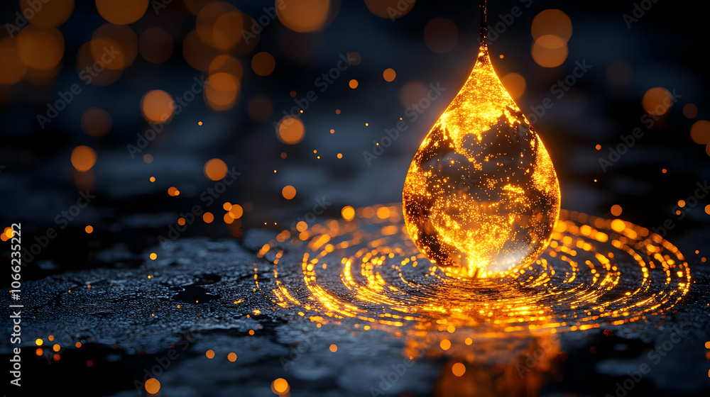 Poster a mesmerizing drop of liquid reflecting light, creating ripples and sparkles on a dark surface.