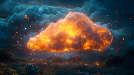 Fototapeta premium A stunning, glowing orange cloud illuminated against a dark sky, creating a dramatic atmospheric scene.