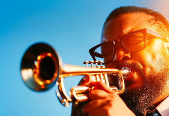 Fototapeta premium Trumpet player performing on blue and black backgrounds