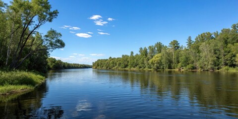 River waters reflecting the clear blue sky and surrounding trees, water flow, foliage, peaceful atmosphere, nature, serene environment