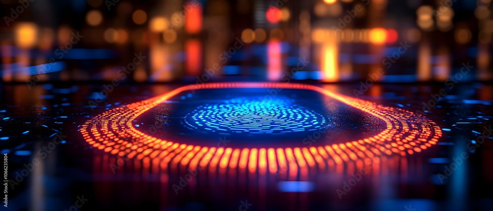 Poster high-tech fingerprint scanner glowing with colorful lights, ideal for security and innovation themes
