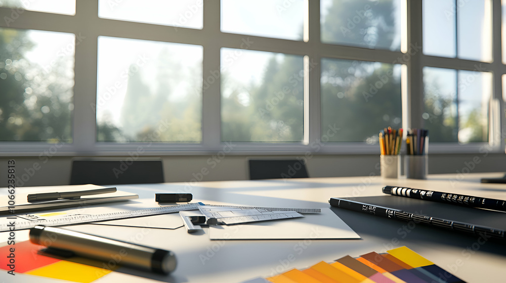 Poster a clean and modern office desk with a window view, featuring design tools and a color palette.