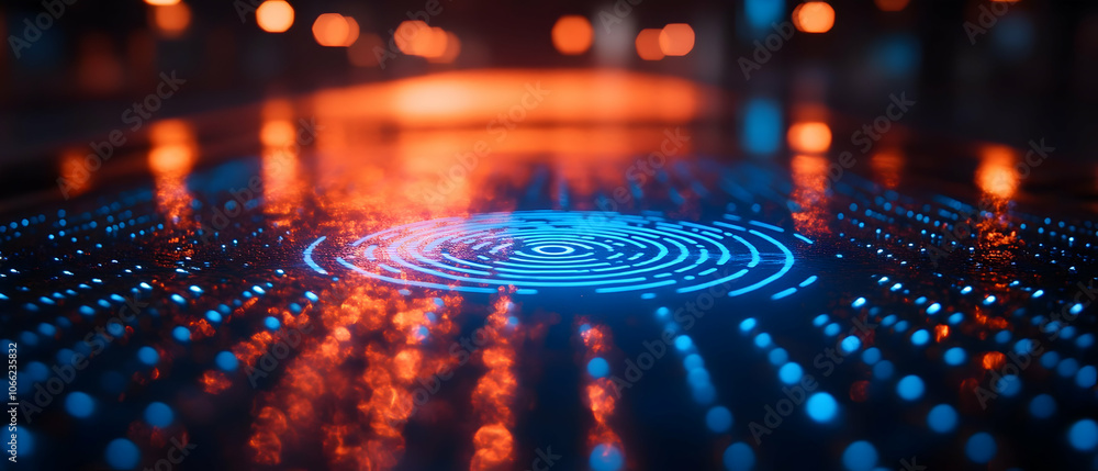 Poster abstract visual of blue and orange lights reflecting on a surface, creating a technology-themed atmo