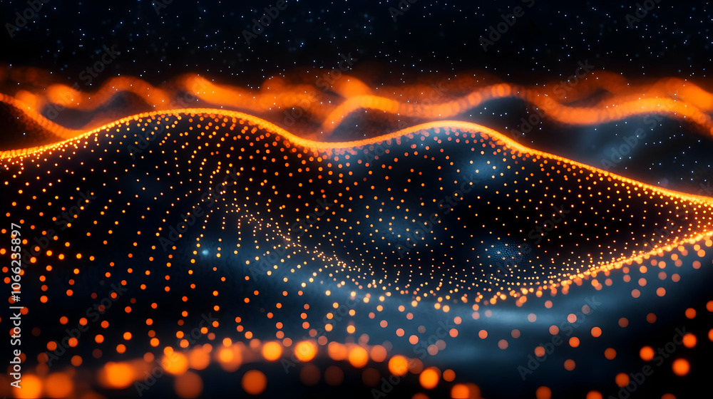 Poster abstract digital landscape with glowing orange dots on a dark background, representing data waves an