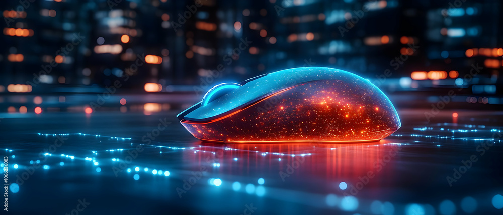 Poster futuristic glowing computer mouse on a digital circuit background, showcasing advanced technology.
