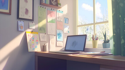 A cozy home office with a laptop, drawing tools, and artwork on the wall.