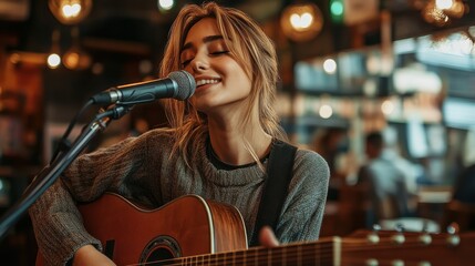 Female musician playing an acoustic guitar and singing into a microphone in a cozy bar or cafe