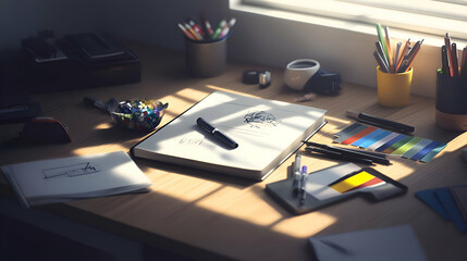 A desk with various art supplies, including pencils, pens, markers, and a sketchbook, with sunlight streaming in through the window.
