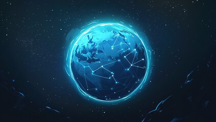 Fototapeta premium A glowing blue digital globe with a network of connected dots against a dark space background.