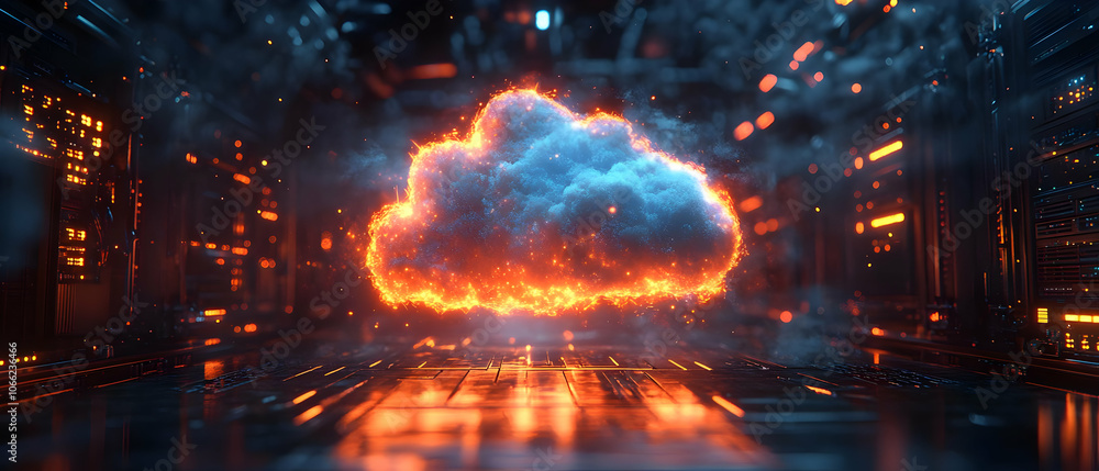Poster a futuristic representation of a cloud with glowing edges, symbolizing digital data storage and conn
