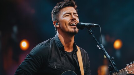 Passionate male singer performing on stage with a microphone and acoustic guitar. Emotional performance on stage.