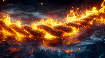 Fototapeta premium A fiery rope illuminated against a dark water background, symbolizing conflict and resilience in challenging conditions.