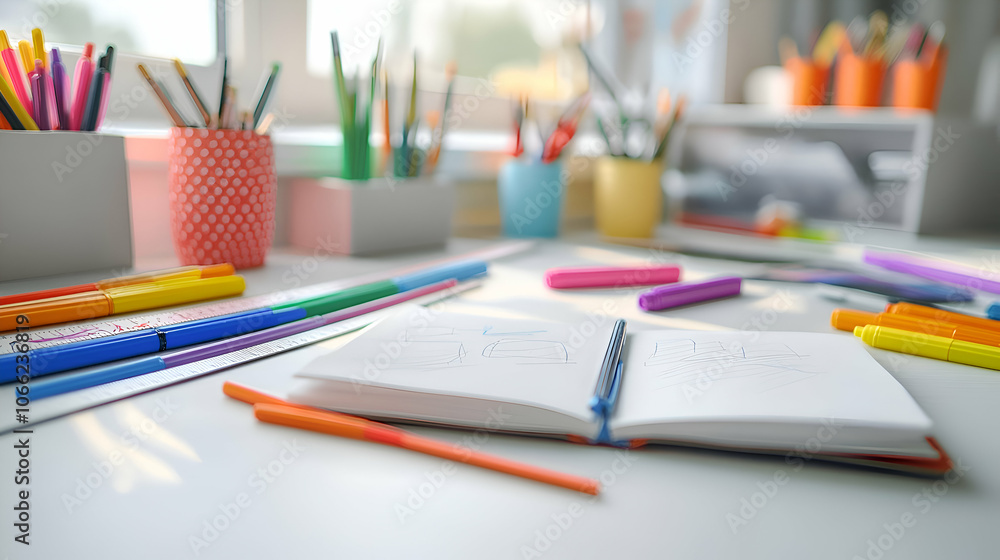 Poster a white desk with a notebook open, pencils and markers scattered around it.