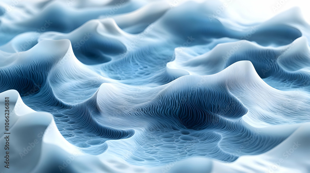 Poster abstract blue waves with intricate textures, resembling fluid dynamics or microscopic structures.