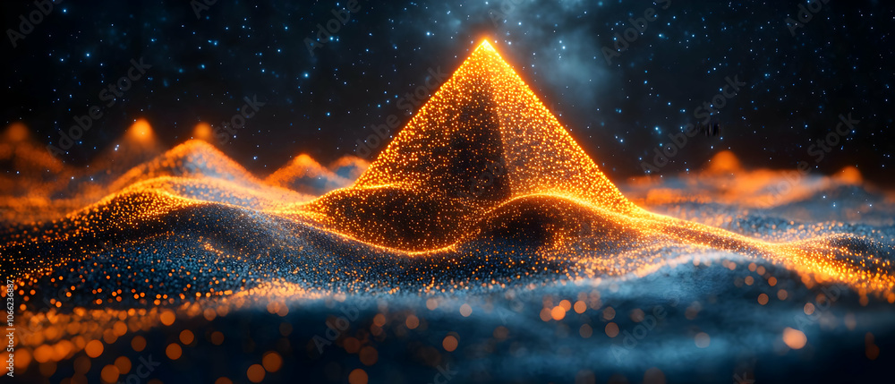 Poster a stunning representation of a glowing pyramid amidst waves of light, creating a sense of depth and 