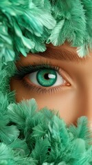 Close Up Green Eye with Feathers   Beauty  Fashion  Macro Photography