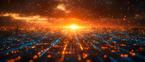 Obraz premium Futuristic cityscape with vibrant lights and a dramatic sunset, showcasing a blend of technology and nature.