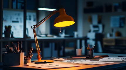 A yellow desk lamp illuminates a cluttered workspace with blueprints and pencils, creating a warm and inviting atmosphere.