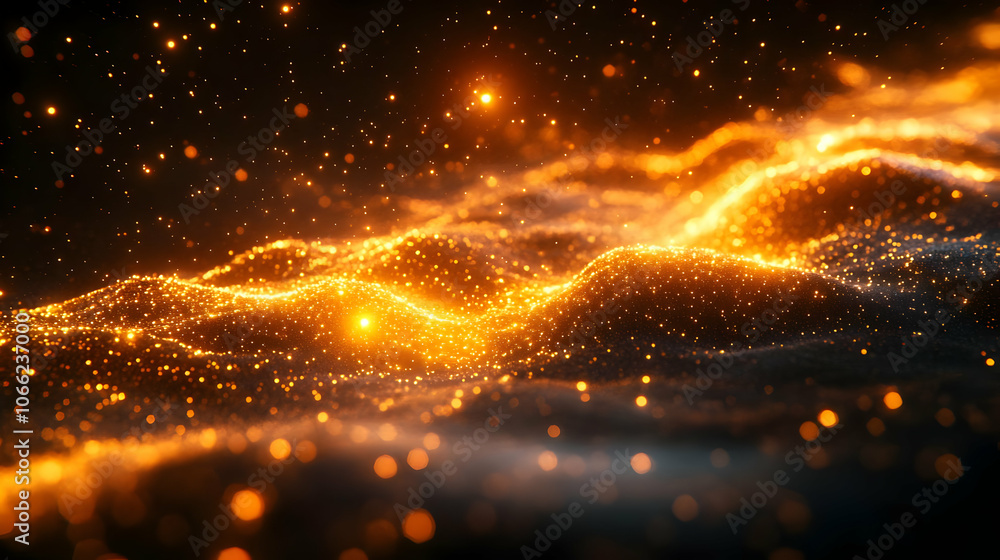 Poster abstract flowing waves of vibrant golden light, creating a mesmerizing visual effect against a dark 