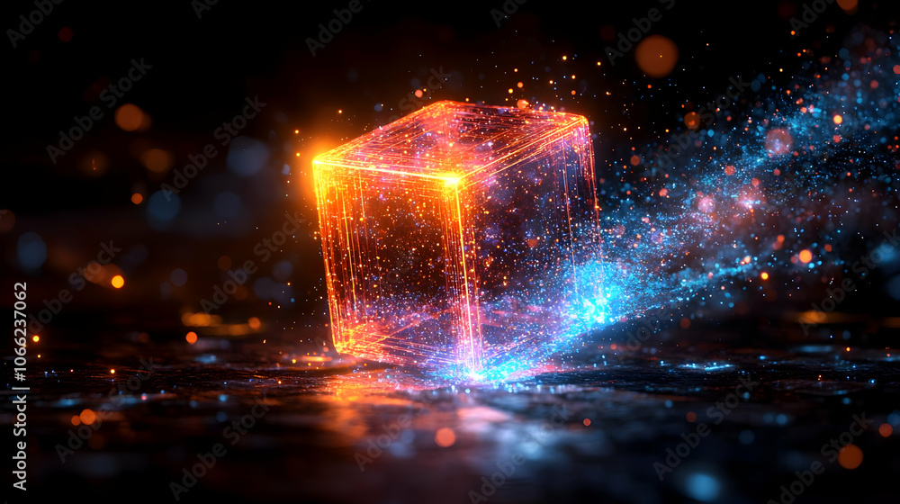 Poster glowing cube with colorful particles, isolated on black background.