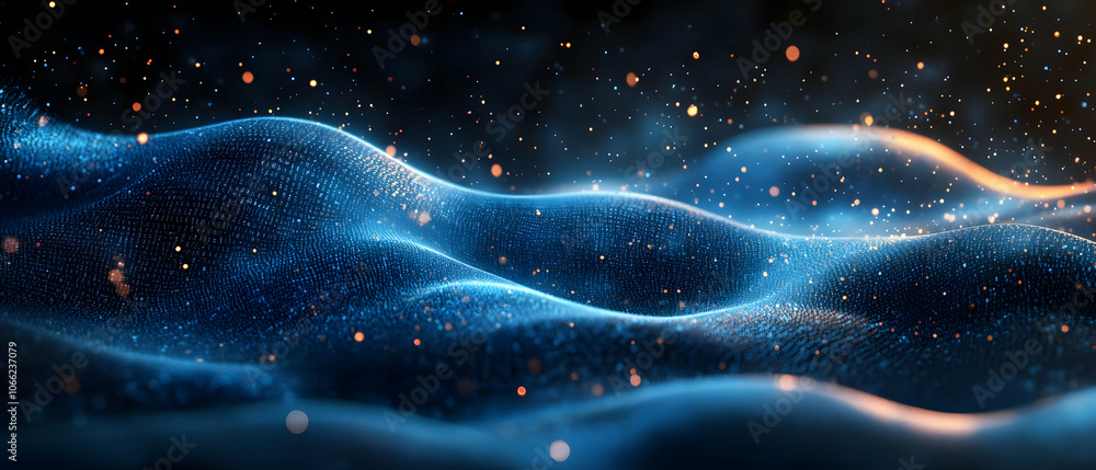 Poster abstract representation of flowing waves with shimmering particles against a dark backdrop.
