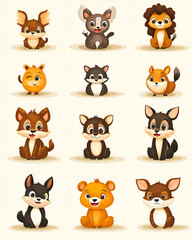 Adorable cartoon animals sitting and smiling.