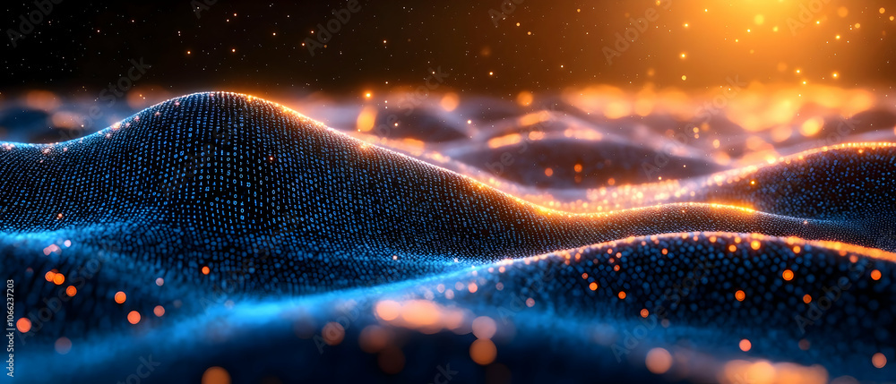 Poster abstract waves of illuminated particles representing digital landscapes with a glowing background.