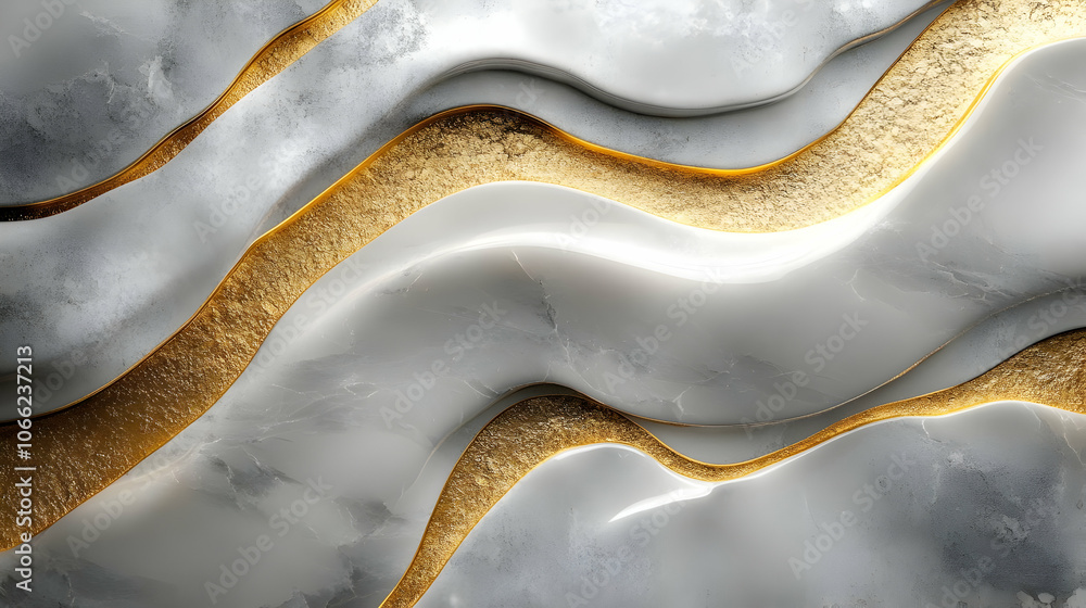 Poster abstract wave pattern with gold and gray hues, showcasing fluid forms and dynamic textures.
