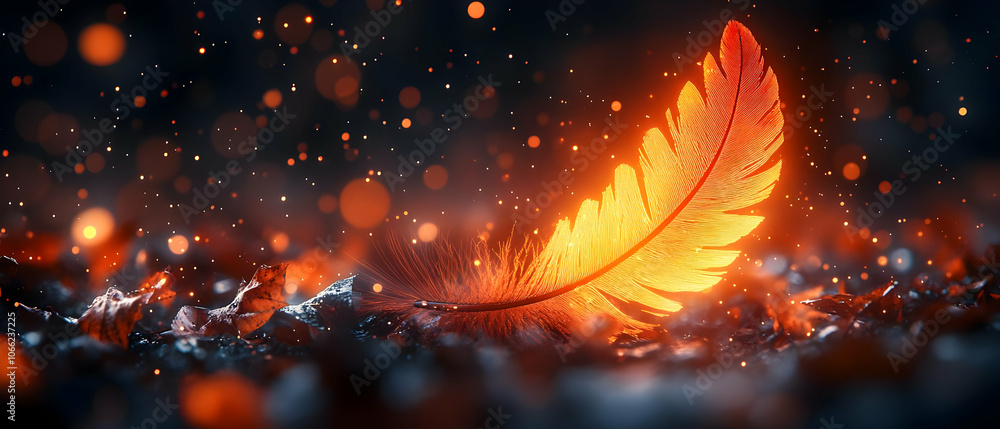 Poster a glowing orange feather among sparkling particles, creating a surreal and enchanting atmosphere.