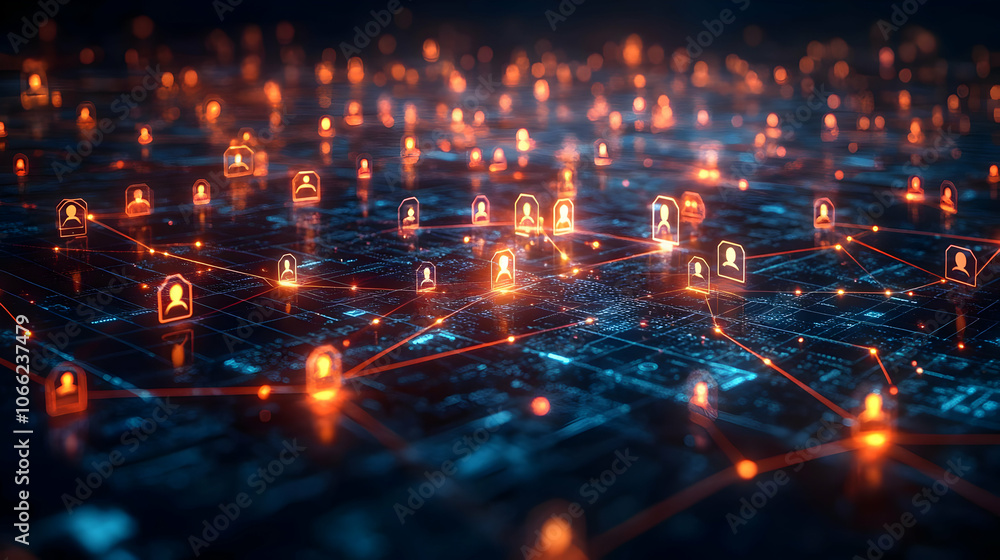 Poster digital network connections illustrated with glowing nodes and security icons representing data prot