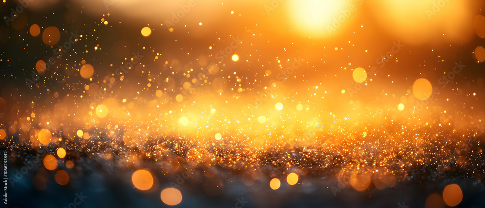 Poster beautiful golden bokeh with shimmering reflections in a serene environment.