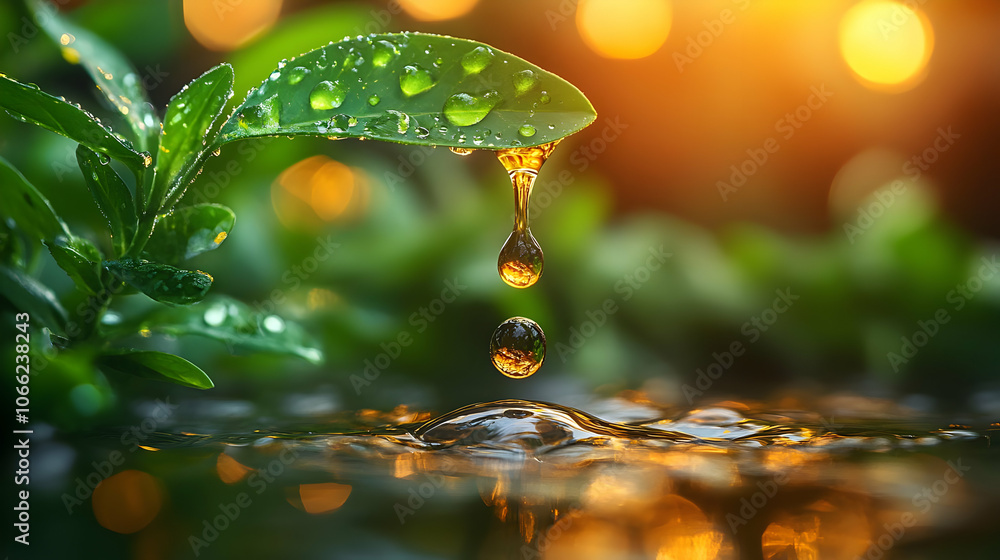 Poster close-up of a leaf with water droplets, shimmering in the sunlight, creating a serene and refreshing