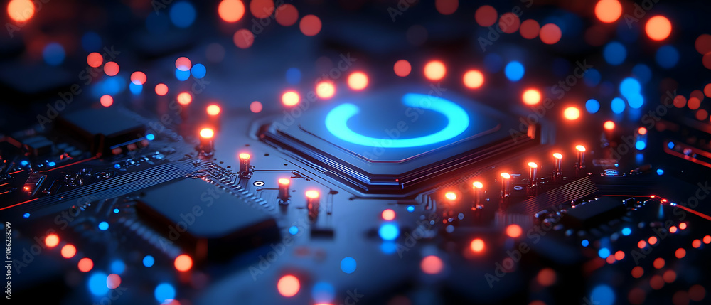 Poster close-up of a modern microprocessor illuminated with vibrant blue and orange lights on a dark circui