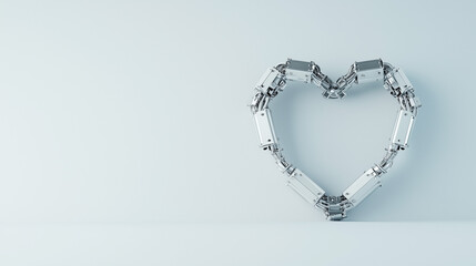 Mechanical Heart: A robotic heart symbol crafted from metallic components, forming a heart shape against a minimalist backdrop.  A futuristic concept of love and technology. 