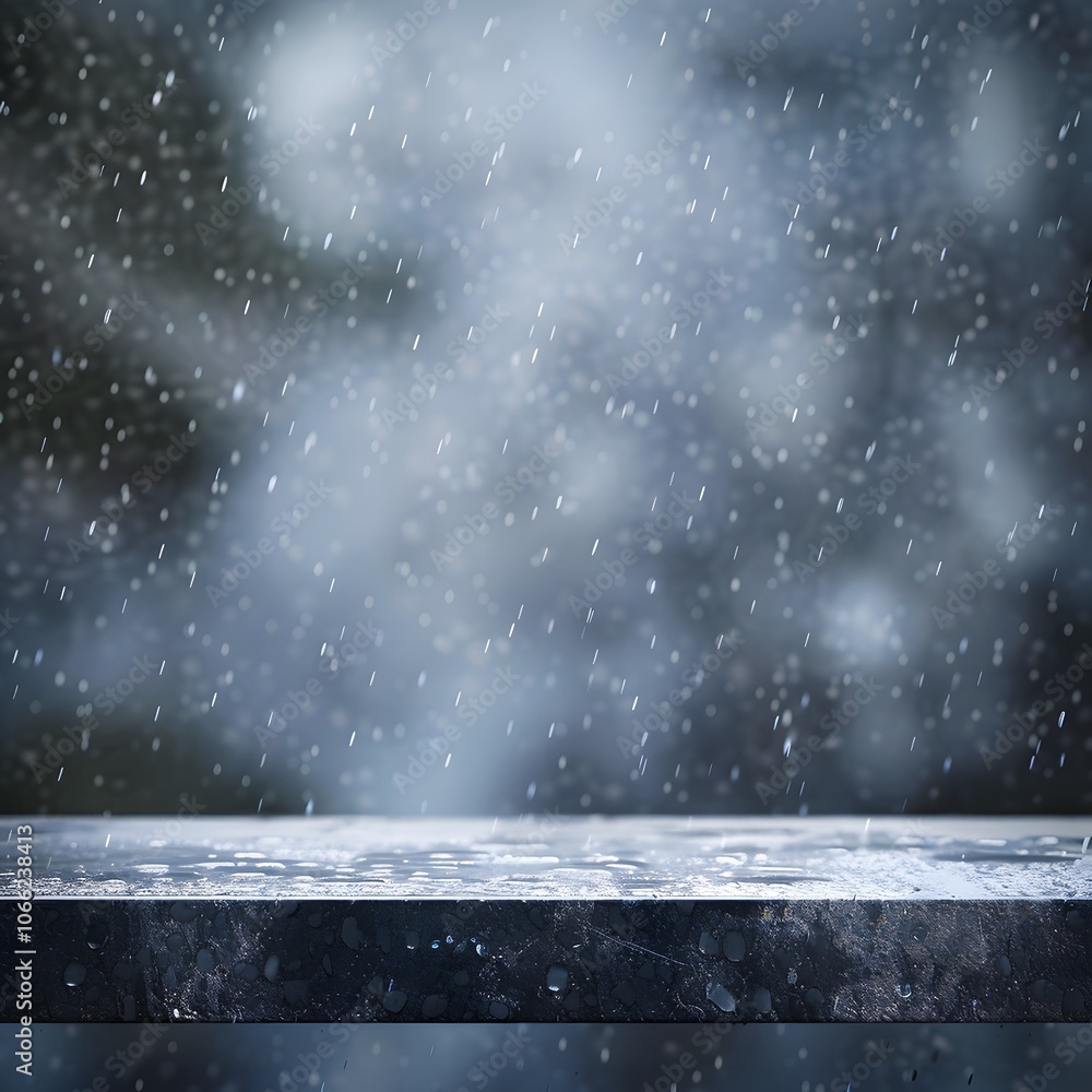 Poster a rainy scene with droplets falling on a surface, creating a moody atmosphere.