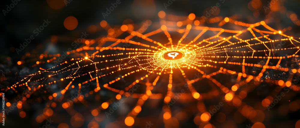 Aufkleber close-up of an intricate spider web illuminated with orange light, showcasing delicate patterns in n
