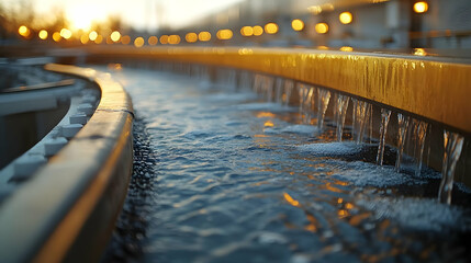 Close-up of flowing water in a modern fountain during sunset, highlighting the serene beauty and soft reflections.