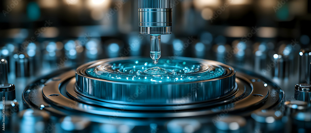 Poster close-up of precision machinery injecting liquid droplets in a high-tech environment.