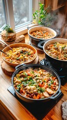Fototapeta premium Steaming bowls of hearty stew on wooden counter.