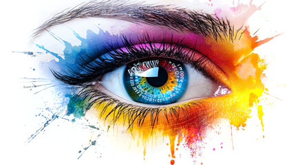 vibrant eye with colorful splashes and binary code reflects creativity and technology. This artistic representation blends digital elements with natural beauty