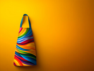 Colorful cooking apron with vibrant swirls hanging against a bright yellow wall.