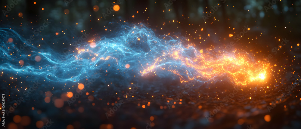 Poster dynamic flow of blue and orange energy, creating a mesmerizing digital effect with glowing particles