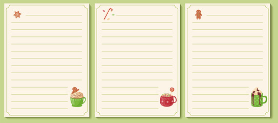Set of lists of cookbook template list for recipes, note on cooking and ingredients.